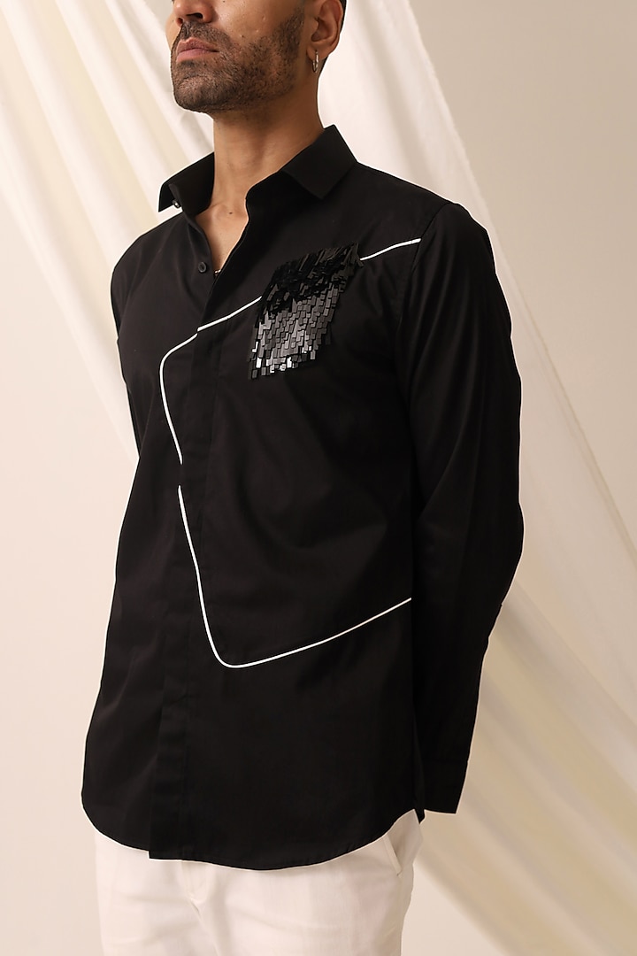 Black Cotton Satin Party Wear Shirt by SEVENDC MEN at Pernia's Pop Up Shop