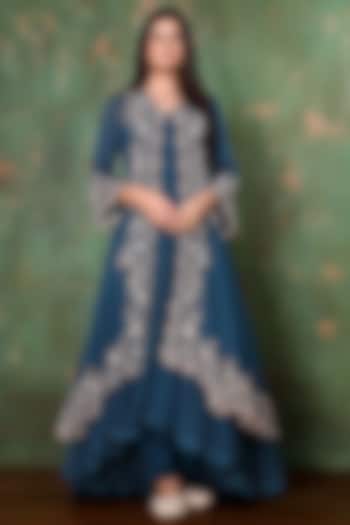 Prussian Blue Chiffon Wedding Anarkali Set by PREETI JHAWAR at Pernia's Pop Up Shop