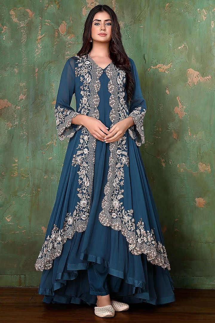 Prussian Blue Chiffon Anarkali Set by PREETI JHAWAR at Pernia's Pop Up Shop