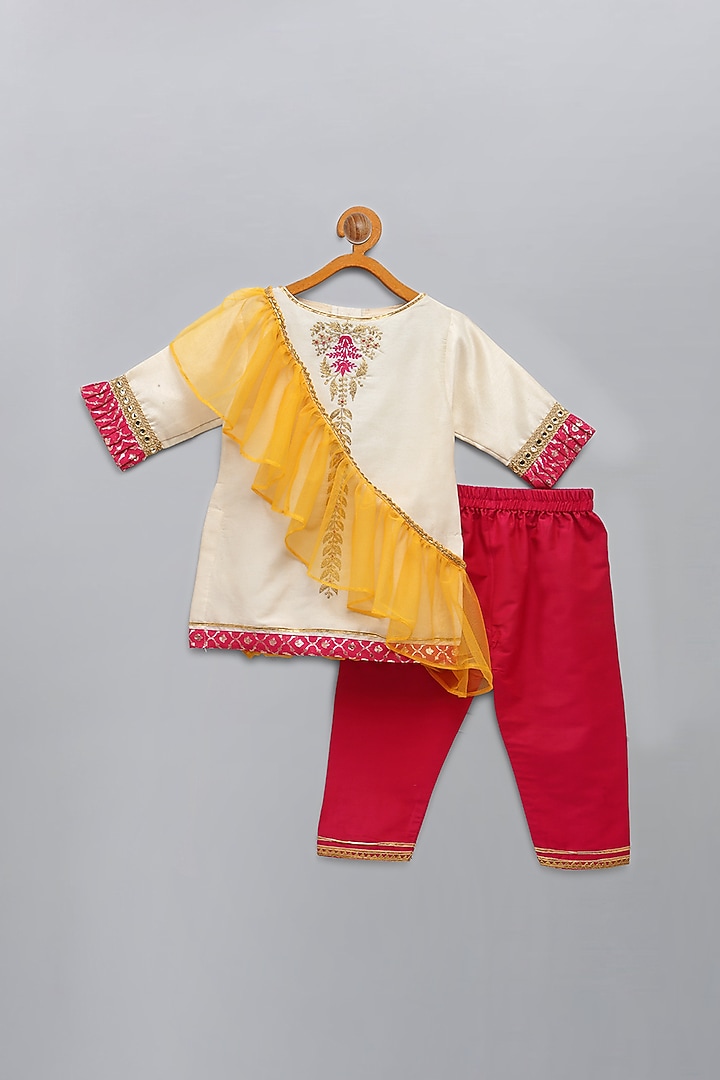 Off-White Raw Silk Zari Embroidered Kurta Set For Girls by The little tales at Pernia's Pop Up Shop
