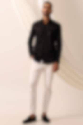 Black Cotton Satin Motif Hand Embroidered Shirt by SEVENDC MEN at Pernia's Pop Up Shop