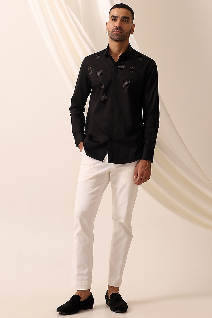 Black Cotton Satin Motif Hand Embroidered Shirt by SEVENDC MEN at Pernia's Pop Up Shop