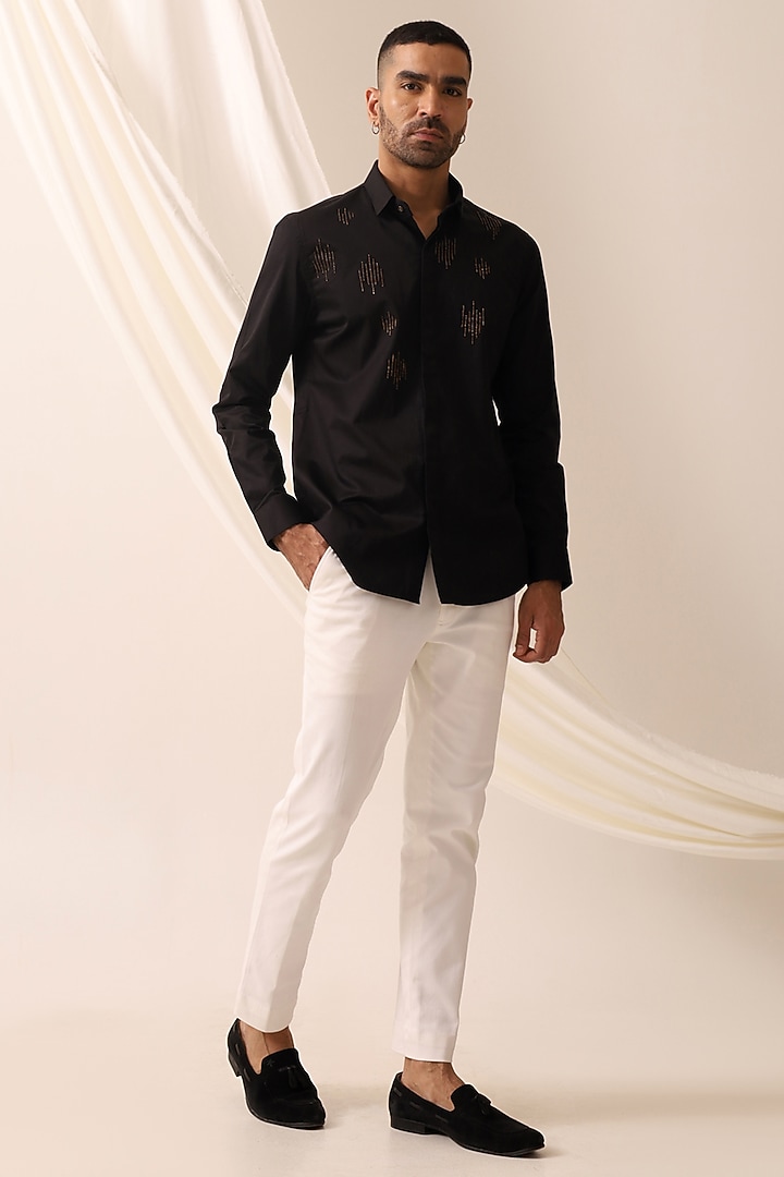 Black Cotton Satin Motif Hand Embroidered Shirt by SEVENDC MEN at Pernia's Pop Up Shop