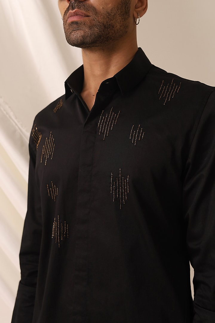 Black Cotton Satin Motif Hand Embroidered Shirt by SEVENDC MEN at Pernia's Pop Up Shop