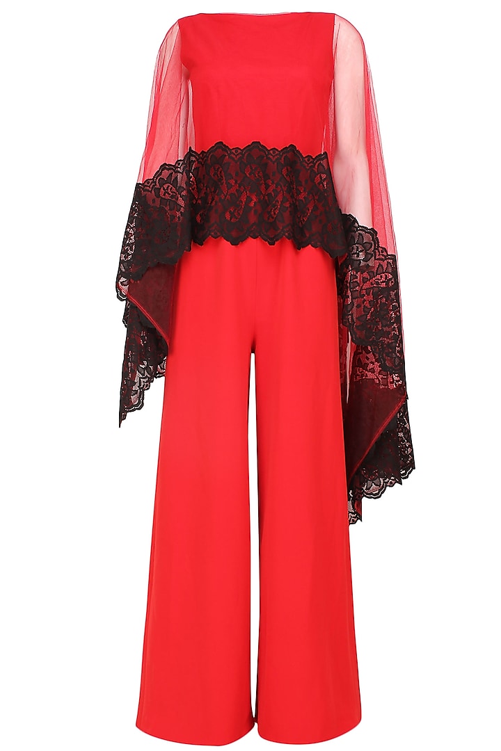Crimson red and black lace applique work cape jumpsuit available only at Pernia's Pop Up Shop.