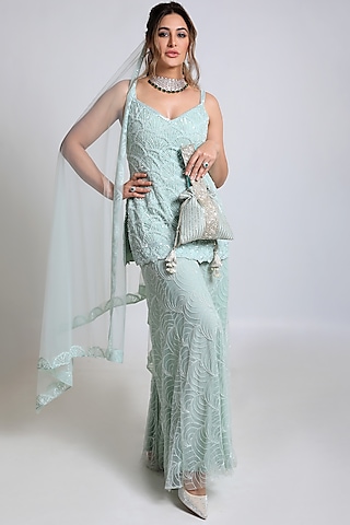 Green Net Cutdana Hand Embellished Sharara Set by Kashmiraa