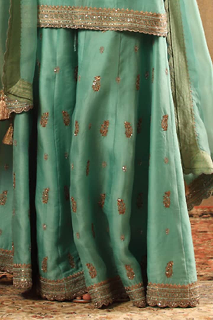 Blue Pure Silk Organza Embroidered Bridal Sharara Set by Trisvaraa at Pernia's Pop Up Shop