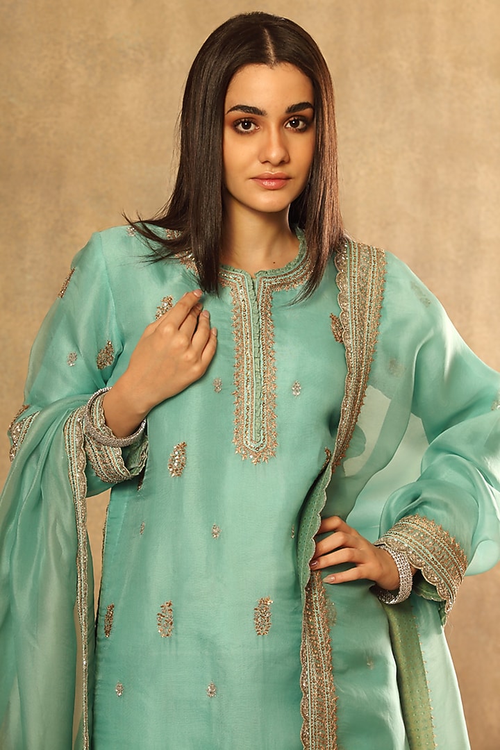 Blue Pure Silk Organza Embroidered Bridal Sharara Set by Trisvaraa at Pernia's Pop Up Shop