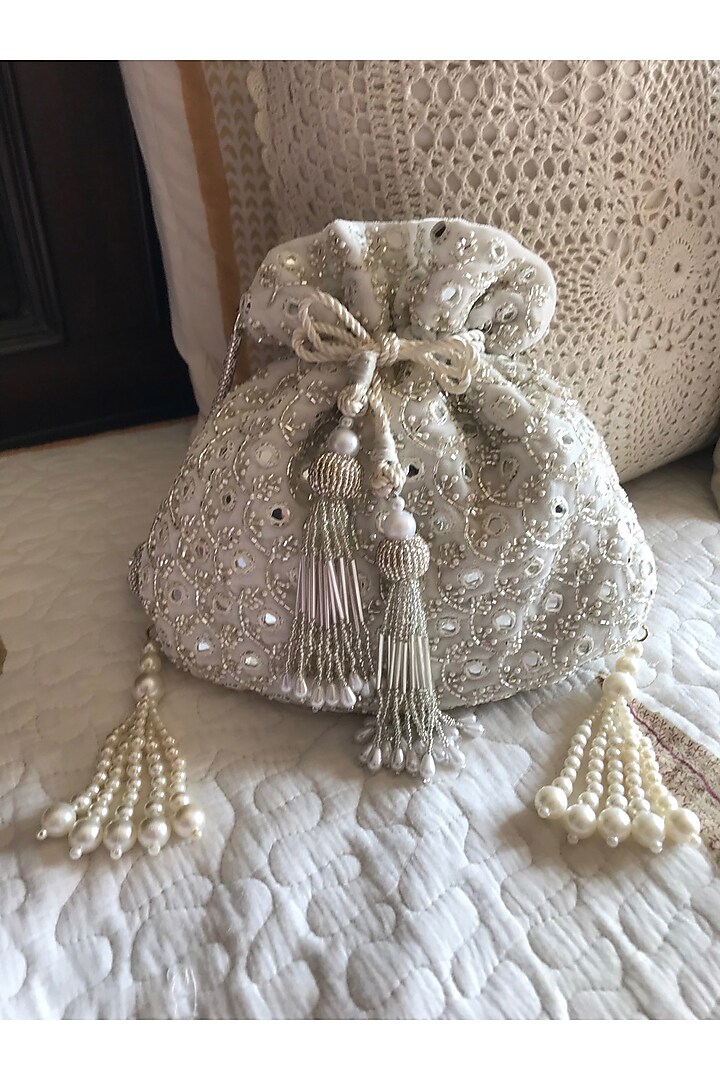 White Hand Embroidered Potli Bag by BHAVNA KUMAR at Pernia's Pop Up Shop