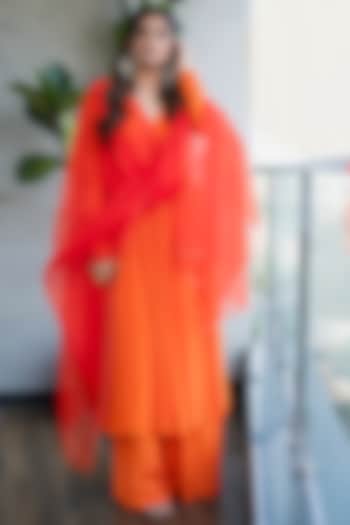 Orange Chinon Crepe Cutdana Embroidered Party Wear Anarkali Set by Harshita Singhvi at Pernia's Pop Up Shop