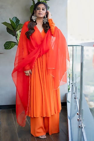 Orange Chinon Crepe Cutdana Embroidered Anarkali Set by Harshita Singhvi