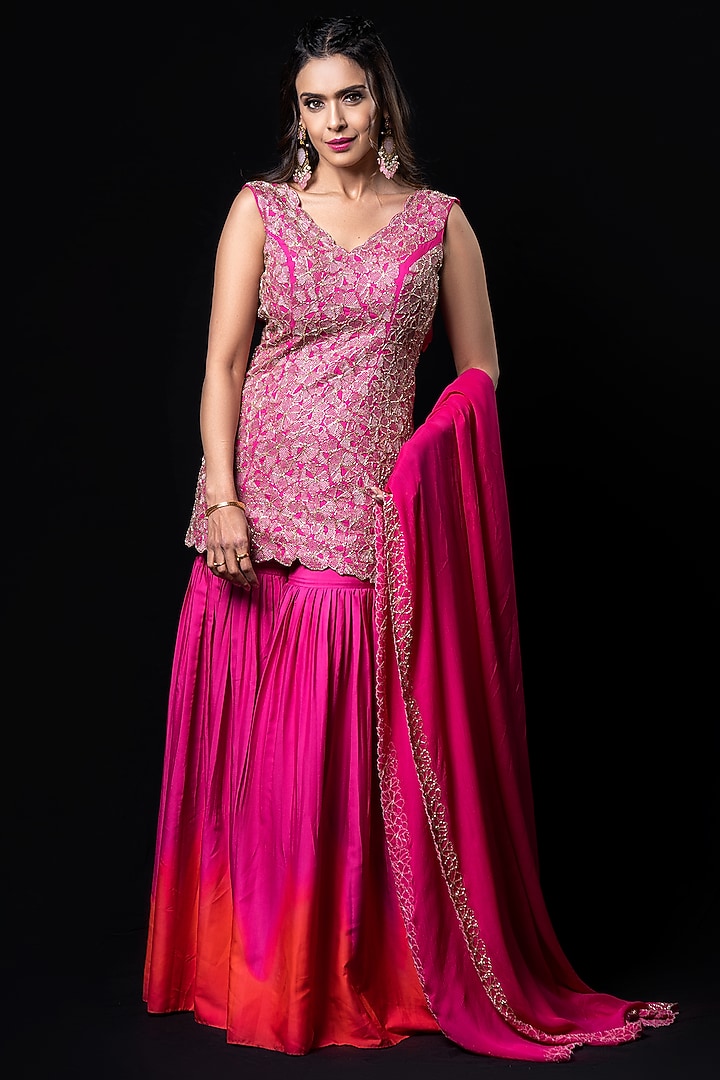 Pink French Crepe Wedding Sharara Set by Harshita Singhvi at Pernia's Pop Up Shop