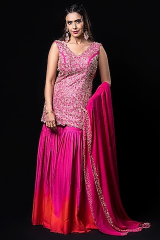 Pink French Crepe Sharara Set by Harshita Singhvi