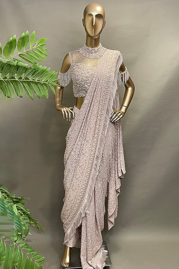 Pink Net Embellished Pant Wedding Saree Set by Chaashni by Maansi and Ketan at Pernia's Pop Up Shop