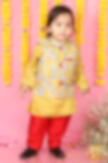 Mustard Kurta Set With Printed Bundi Jacket For Boys by Kirti Agarwal Pret n Couture at Pernia's Pop Up Shop