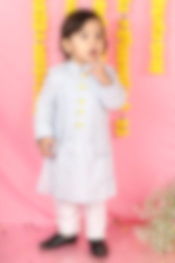 Powder Blue Kurta Set With Embroidered Bundi Jacket For Boys by Kirti Agarwal Pret n Couture at Pernia's Pop Up Shop