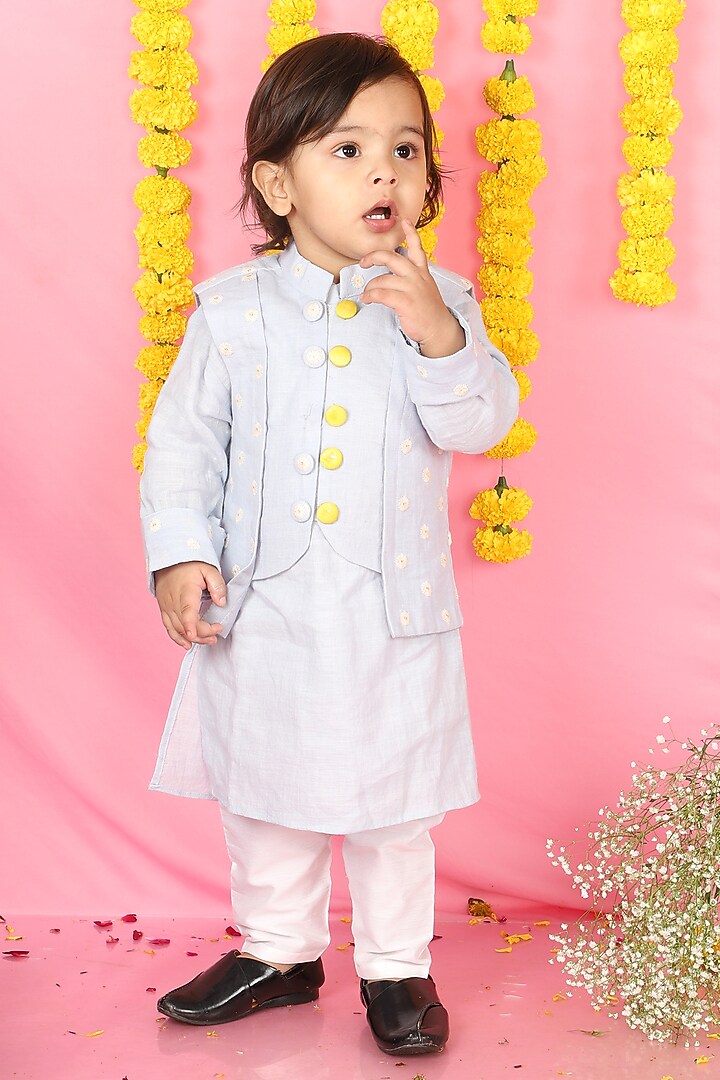 Powder Blue Kurta Set With Embroidered Bundi Jacket For Boys by Kirti Agarwal Pret n Couture at Pernia's Pop Up Shop