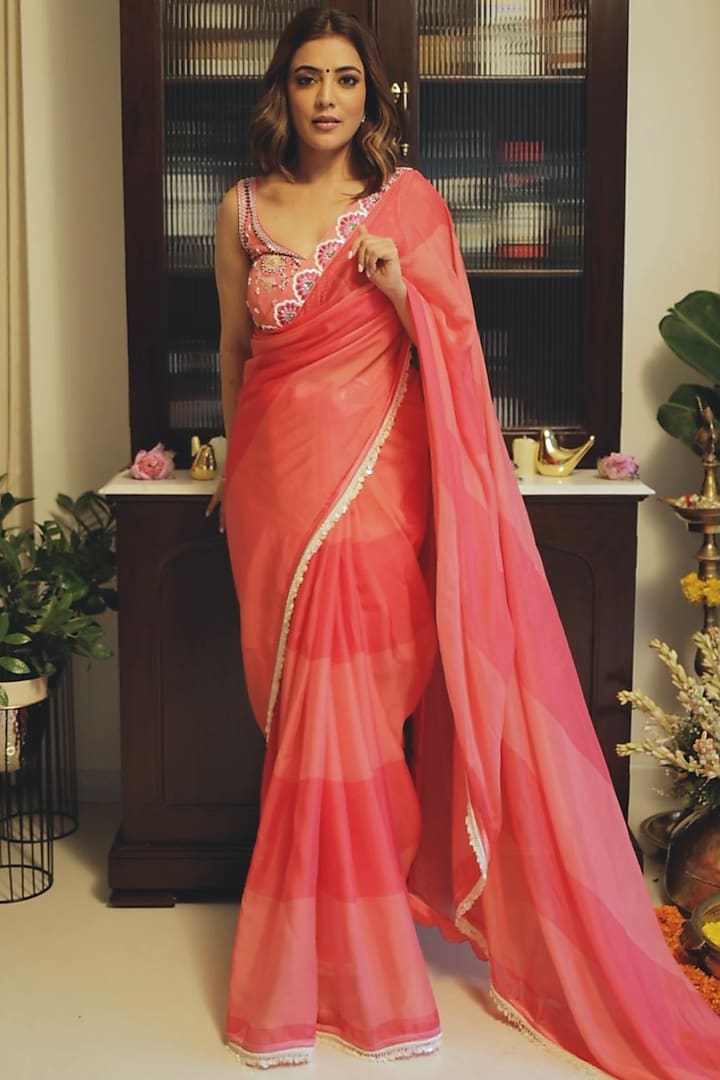 Pink Organza Color-Blocked Saree Set by Isha Gupta Tayal