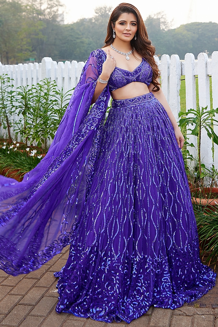 Bright Purple Embroidered Bridal Lehenga Set by Mehak Murpana at Pernia's Pop Up Shop