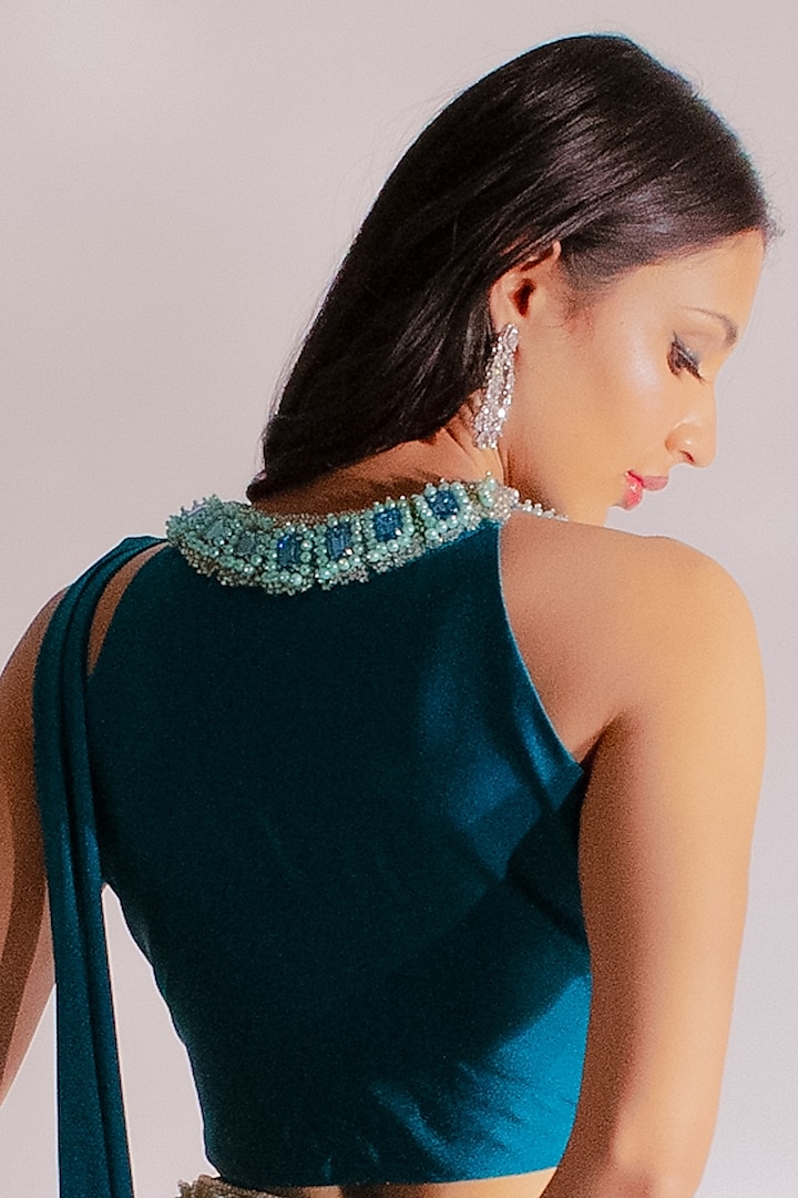 Teal Lycra Embellished Pleated Party Wear Saree Set by Anshika Tak Label at Pernia's Pop Up Shop