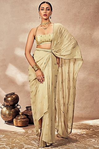 Beige Georgette Foil Printed & Gota Embellished Pre-Stitched Saree Set by Masaba