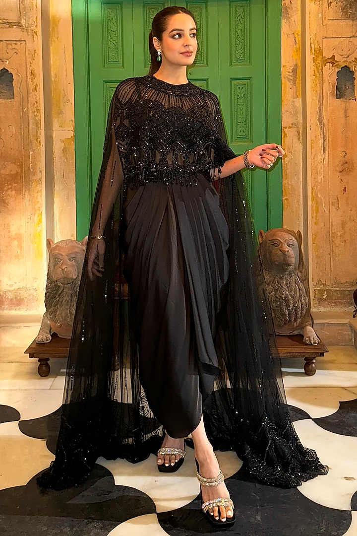 Black Georgette Cutdana Hand Embroidered Cape Set by ROQA