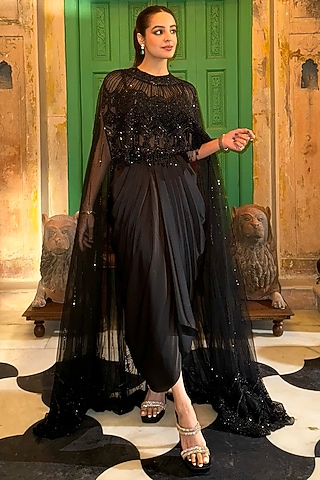Black Georgette Cutdana Hand Embroidered Cape Set by ROQA | Siddharth Khurana & Kartik Khurana