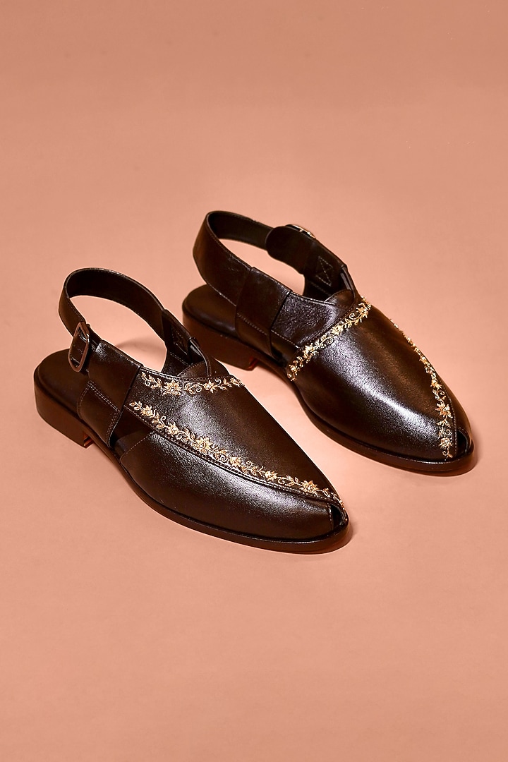 Dark Brown Leather Embroidered Peshawaris by Dmodot at Pernia's Pop Up Shop