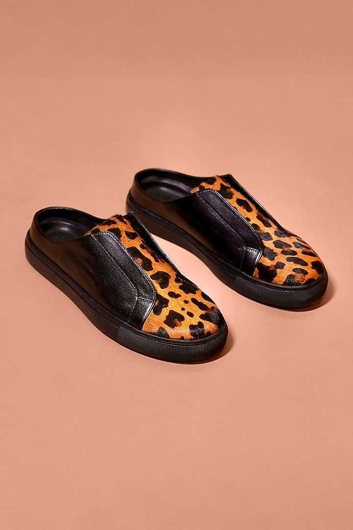Black Leather Leopard Print Mules by Dmodot at Pernia's Pop Up Shop