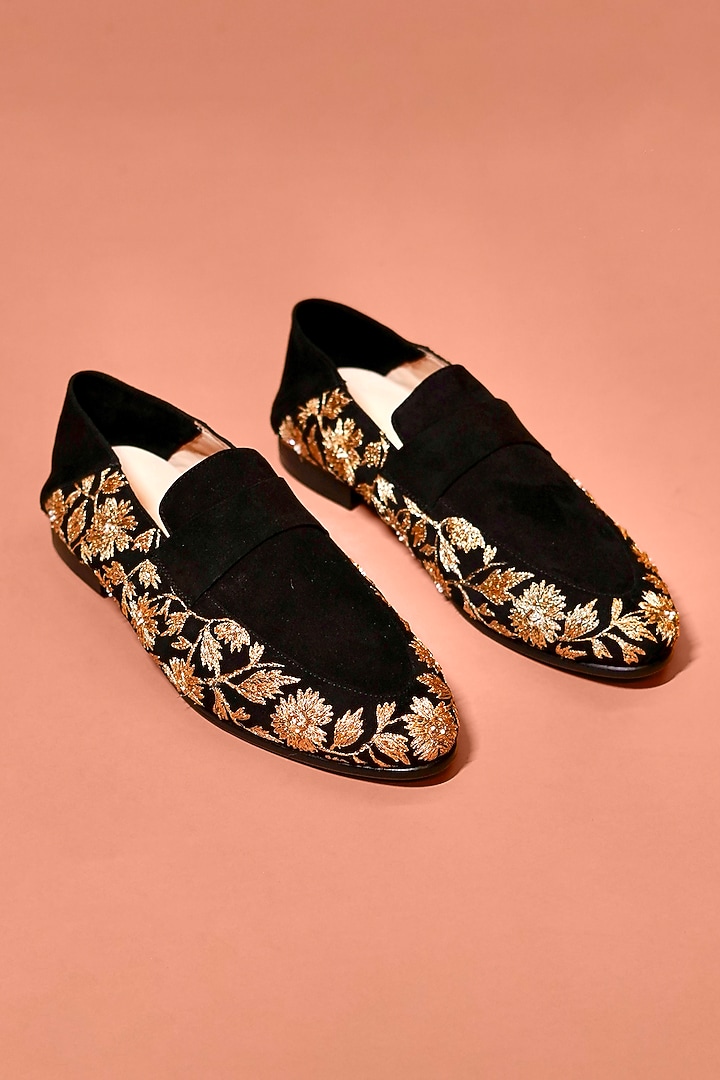 Black Leather Embroidered Loafers by Dmodot at Pernia's Pop Up Shop
