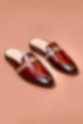 Patina Tan Leather Embroidered Mules by Dmodot at Pernia's Pop Up Shop