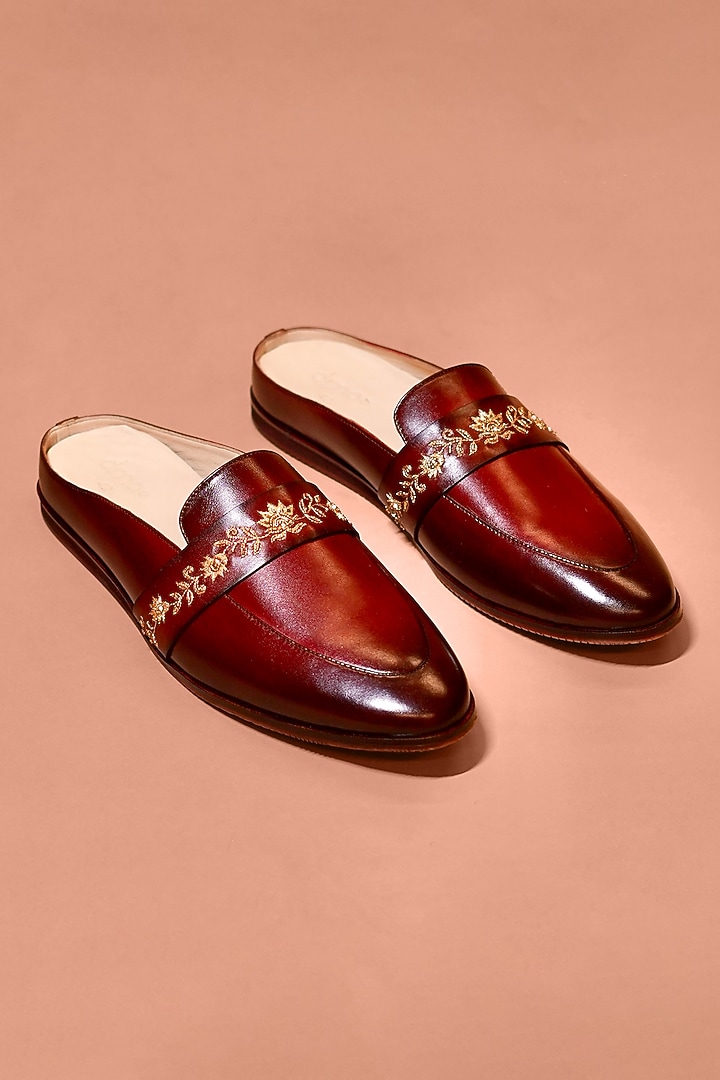 Patina Tan Leather Embroidered Mules by Dmodot at Pernia's Pop Up Shop