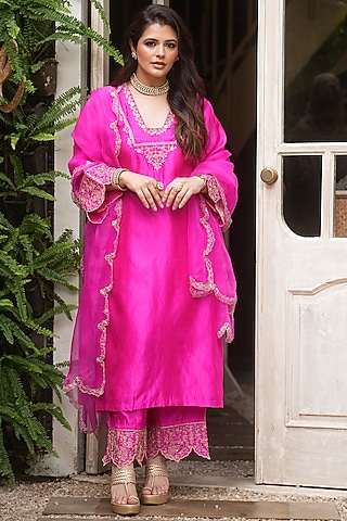 Hot Pink Silk Organza Hand Embroidered Kurta Set by Charu Makkar
