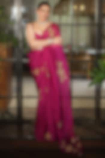 Wine Silk Organza Hand Embroidered Wedding Saree Set by Charu Makkar at Pernia's Pop Up Shop