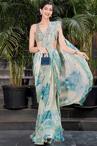 Mint Green Chiffon Digital Printed & Embroidered Pre-Draped Saree Set by AWIGNA BY VARSHA & RITTU
