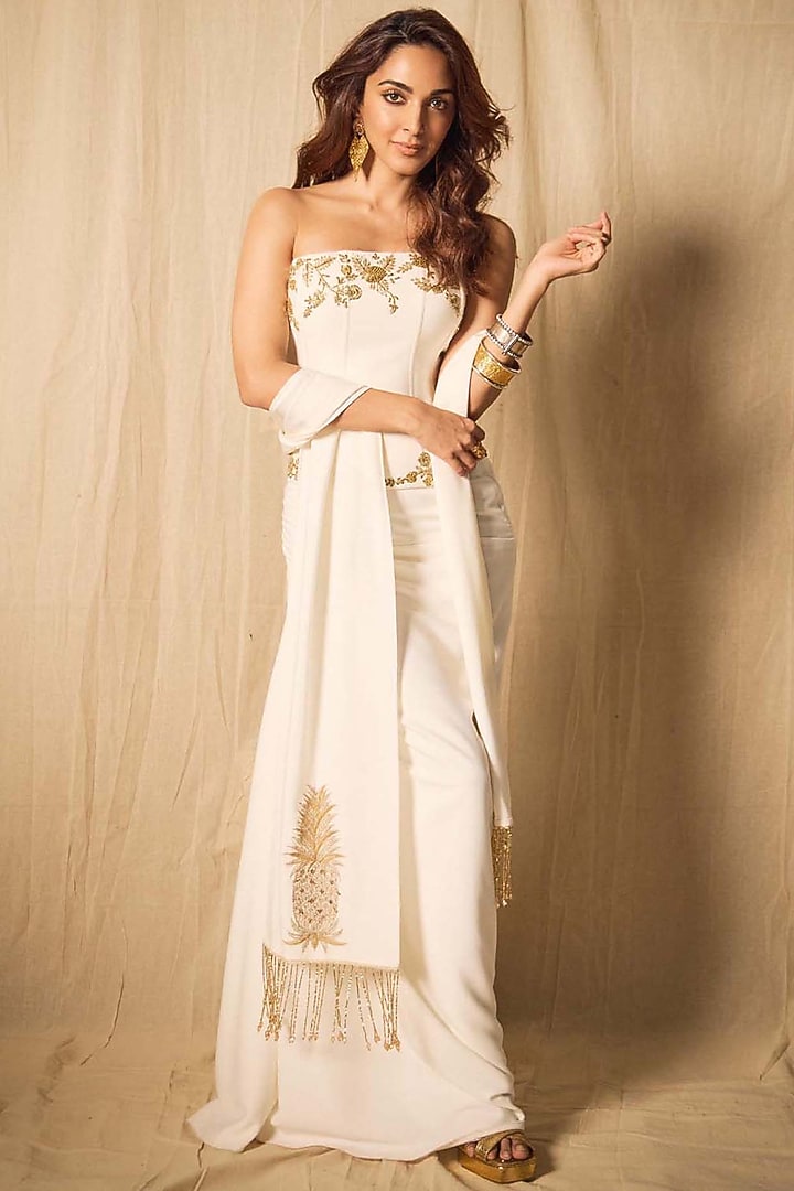 Ivory Heavy Crepe Draped Skirt Set by Masaba at Pernia's Pop Up Shop