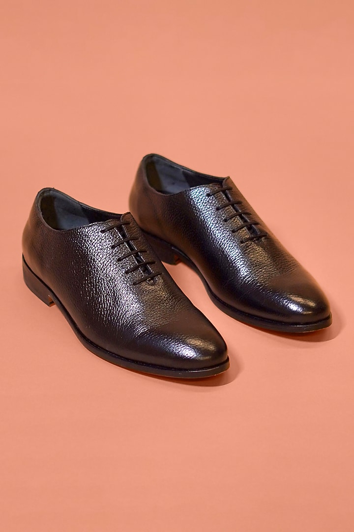 Black Textured Milled Leather Shoes by Dmodot at Pernia's Pop Up Shop
