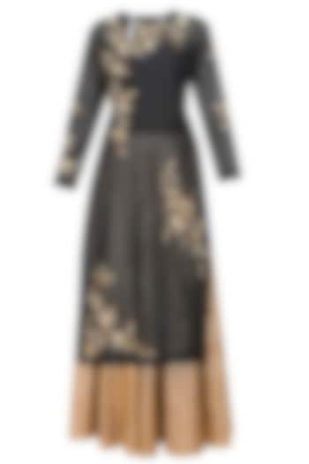Joy Mitra presents Black floral embroidered kurta and gold brocade skirt with golden scarf available only at Pernia's Pop Up Shop.