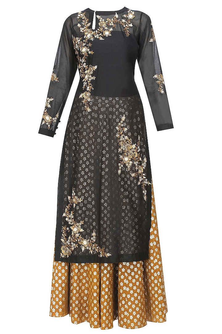 Joy Mitra presents Black floral embroidered kurta and gold brocade skirt with golden scarf available only at Pernia's Pop Up Shop.