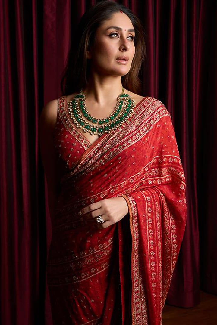 Red Silk Embroidered & Printed Bridal Saree Set by Ri Ritu Kumar at Pernia's Pop Up Shop