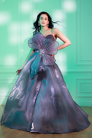 Lilac Fish Organza Sequins & Stone Embellished Gown by Chaashni by Maansi and Ketan