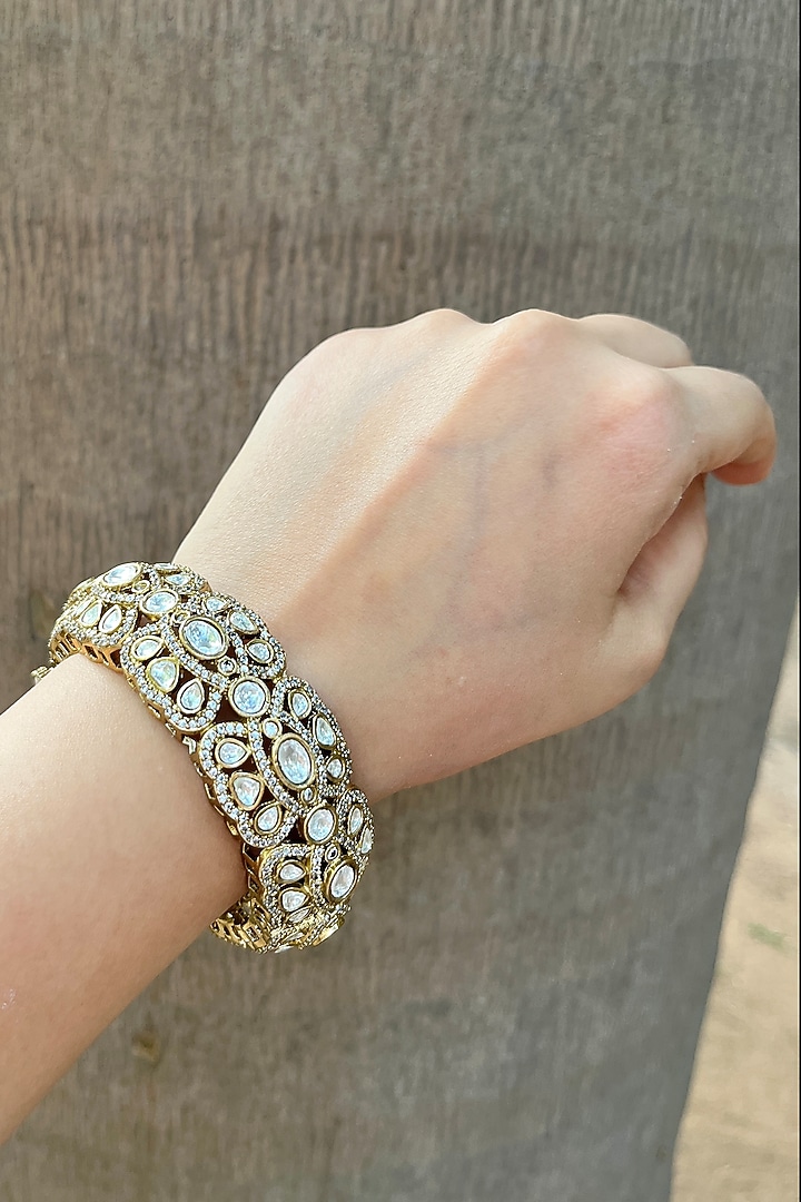 Gold Finish Kundan Polki & Zircon Bangle by Prestones at Pernia's Pop Up Shop