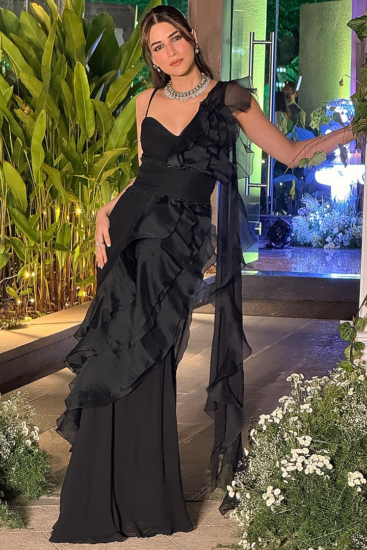 Black Chiffon & Organza Ruffled Reception Gown Saree by Ridhi Mehra at Pernia's Pop Up Shop