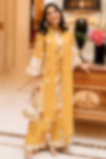Mustard Dori Embroidered Palazzo Pant Set by Surabhi Arya at Pernia's Pop Up Shop
