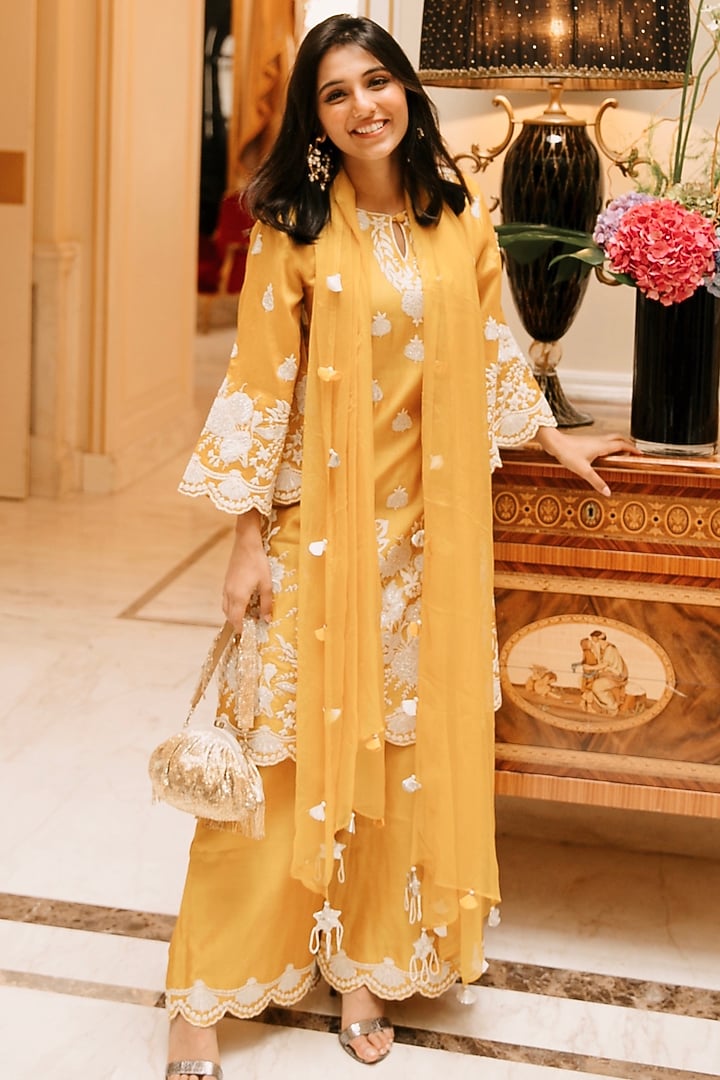 Mustard Dori Embroidered Palazzo Pant Set by Surabhi Arya at Pernia's Pop Up Shop