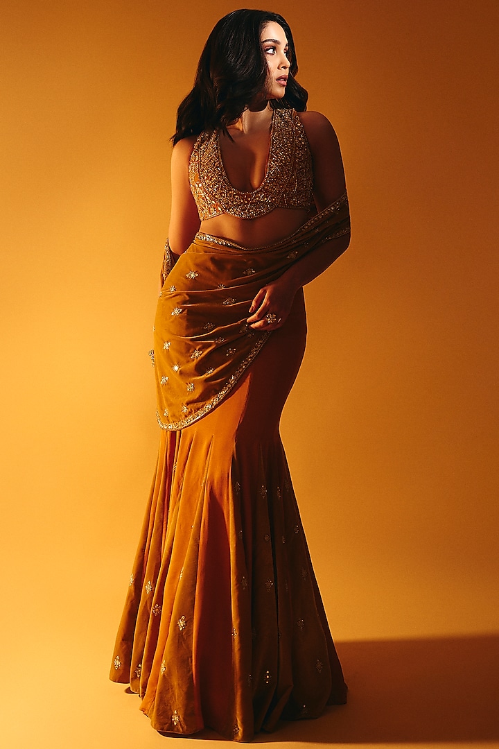 Haldi Yellow Velvet Draped Saree Set by Reeti Arneja