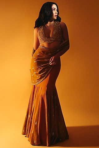 Haldi Yellow Velvet Draped Saree Set by Reeti Arneja
