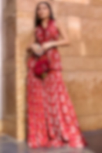 Red Chiffon & Organza Printed Party Wear Sharara Set by AWIGNA BY VARSHA & RITTU at Pernia's Pop Up Shop