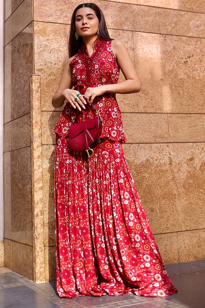 Red Chiffon & Organza Printed Party Wear Sharara Set by AWIGNA BY VARSHA & RITTU at Pernia's Pop Up Shop