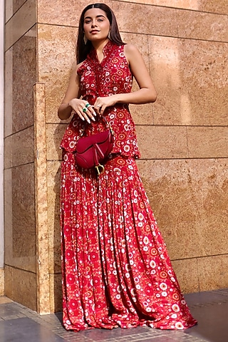 Red Chiffon & Organza Printed Sharara Set by AWIGNA BY VARSHA & RITTU